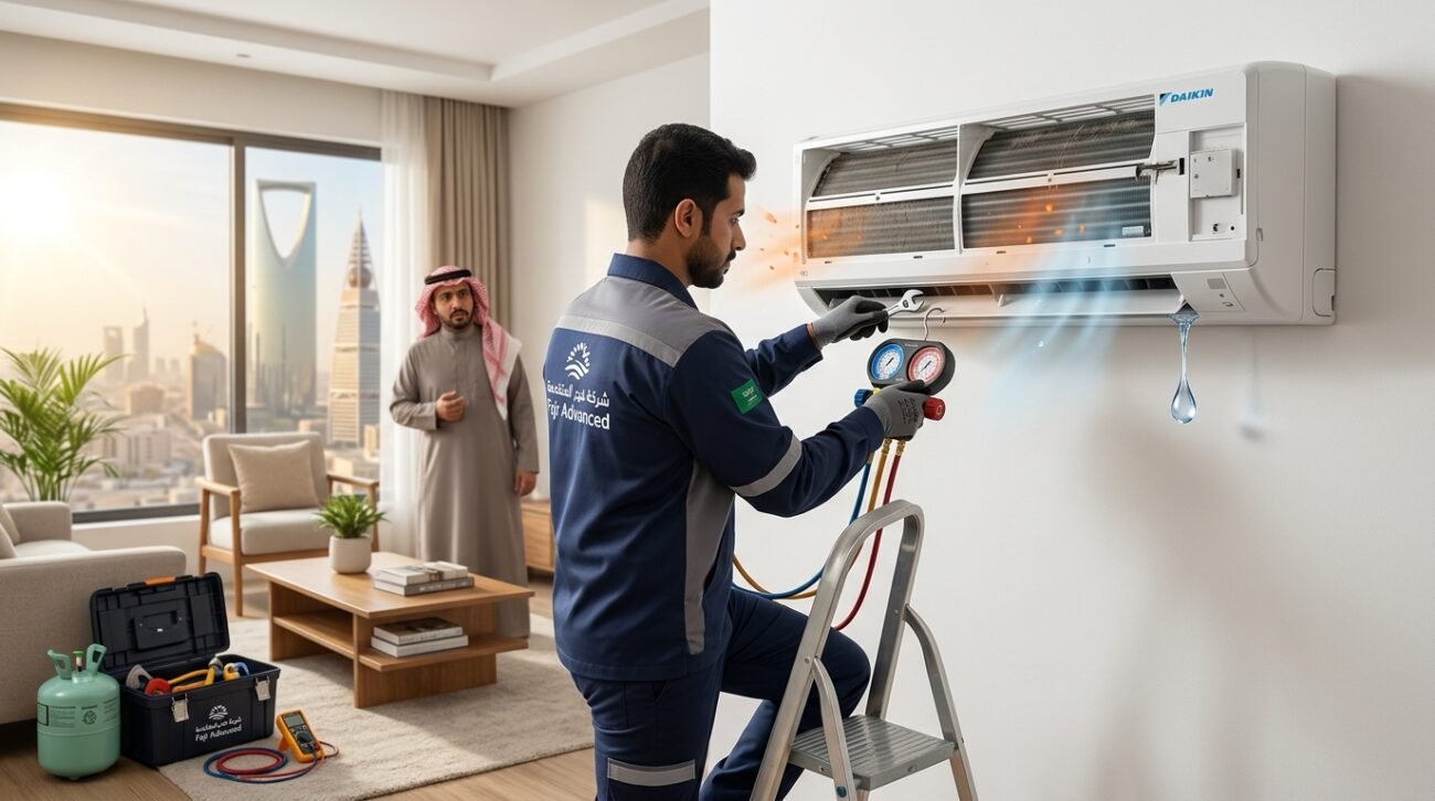 فني شركة فجر المتقدمة يفحص علامات خراب مكيف سبلت ويشخص أعطال التبريد في السعودية