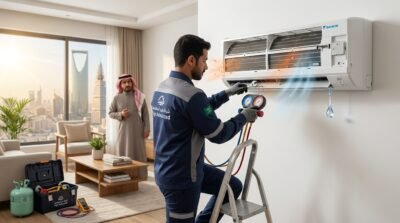 فني شركة فجر المتقدمة يفحص علامات خراب مكيف سبلت ويشخص أعطال التبريد في السعودية