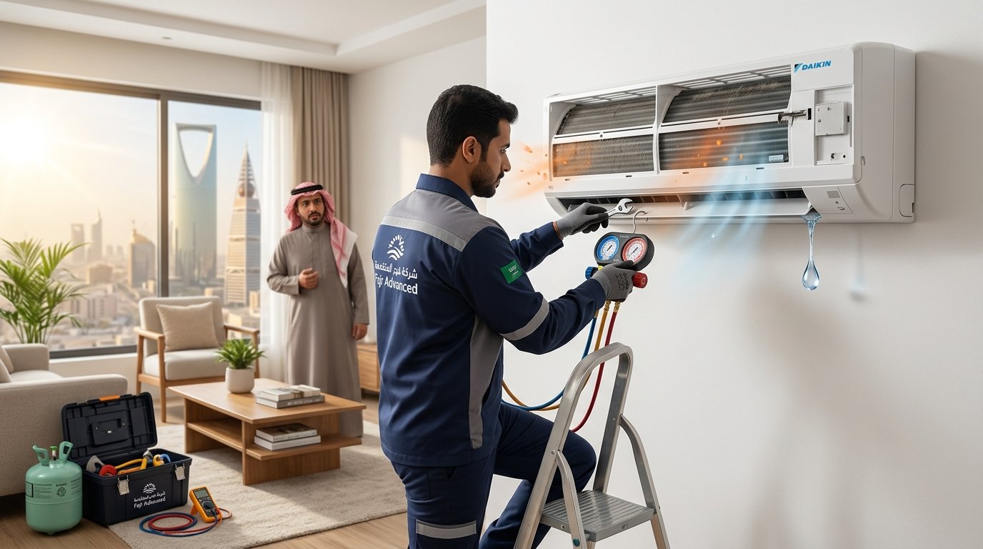 فني شركة فجر المتقدمة يفحص علامات خراب مكيف سبلت ويشخص أعطال التبريد في السعودية